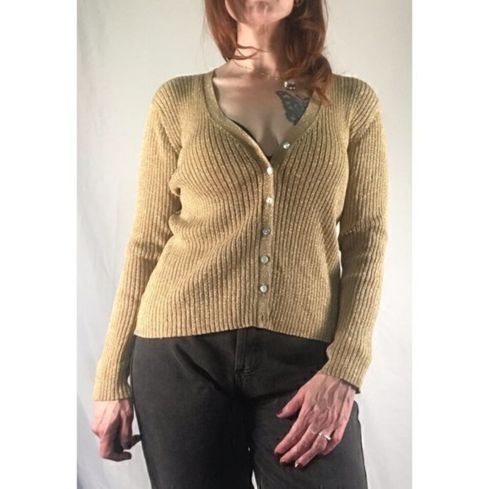 90’s Vintage ‘Joseph A.’ Metallic Gold Ribbed Cardigan